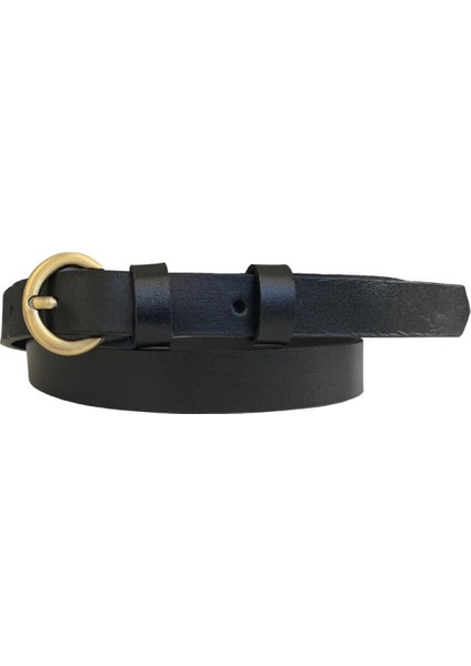 Deri Gold Tokalı Siyah Çok Ince Kadın Kemeri, 1.8 cm