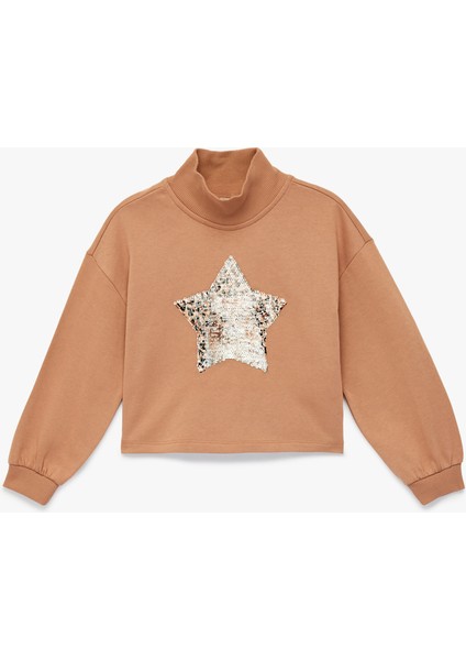 Pamuklu Uzun Kollu Dik Yaka Pullu Payetli Şardonlu Sweatshirt