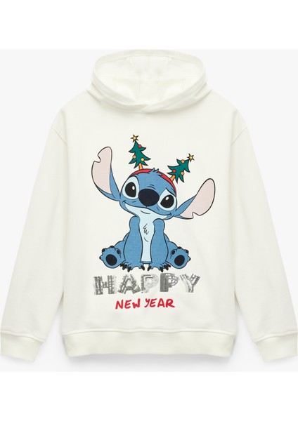 Kapşonlu Uzun Kollu Lisanslı Stitch Baskılı Oversize Şardonlu Yılbaşı Sweatshirt modelleri