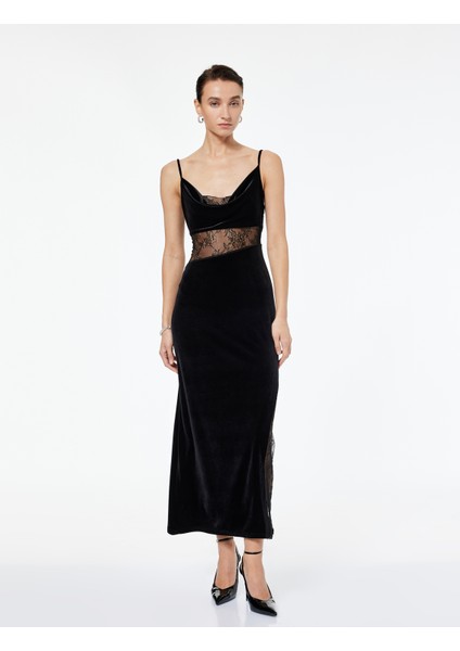 Dantel Detaylı Degaje Yaka Bodycon Kolsuz Uzun Abiye Elbise modelleri