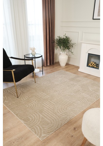 Bej Yumuşak Dokulu Uzun Ömürlü Lateks Kaymaz Taban Salon Oturma Odası Mutfak Koridor Halı Rivon RN08