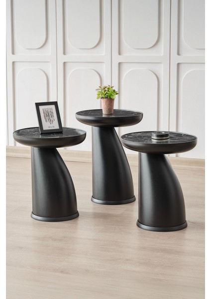 Elips 3'lü Sehpa,yan Sehpa,zigon Sehpa - Siyah & Siyah Mermer Desenli