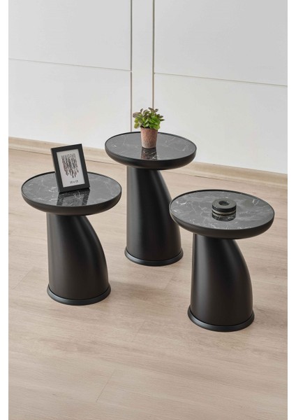 Elips 3'lü Sehpa,yan Sehpa,zigon Sehpa - Siyah & Siyah Mermer Desenli fiyatları