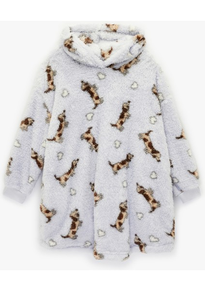 Köpek Baskılı Uzun Kollu Kapüşonlu Oversize Peluş Sabahlık