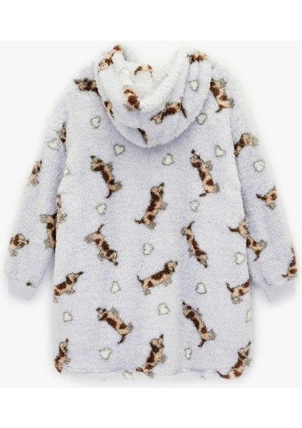 Köpek Baskılı Uzun Kollu Kapüşonlu Oversize Peluş Sabahlık fiyatları