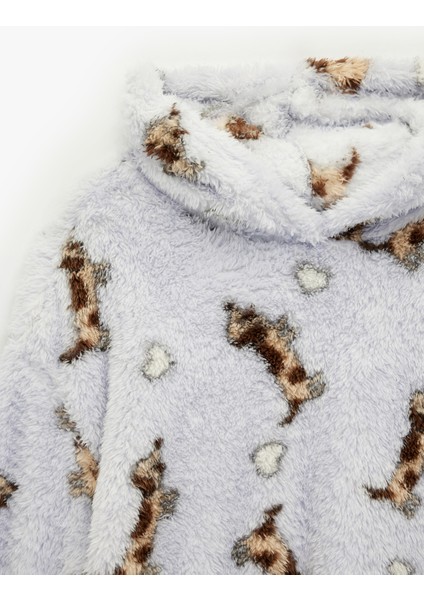 Köpek Baskılı Uzun Kollu Kapüşonlu Oversize Peluş Sabahlık modelleri