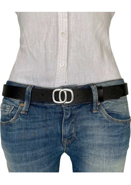 Deri Gümüş Tokalı Siyah Kadın Kemeri, 3cm