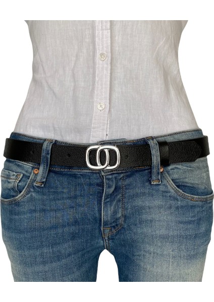 Deri Gümüş Tokalı Siyah Kadın Kemeri, 3cm fiyatları