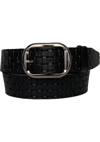 Deri, Gümüş Tokalı Siyah Desenli Kadın Kemeri 4 cm