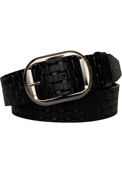 Deri, Gümüş Tokalı Siyah Desenli Kadın Kemeri 4 cm
