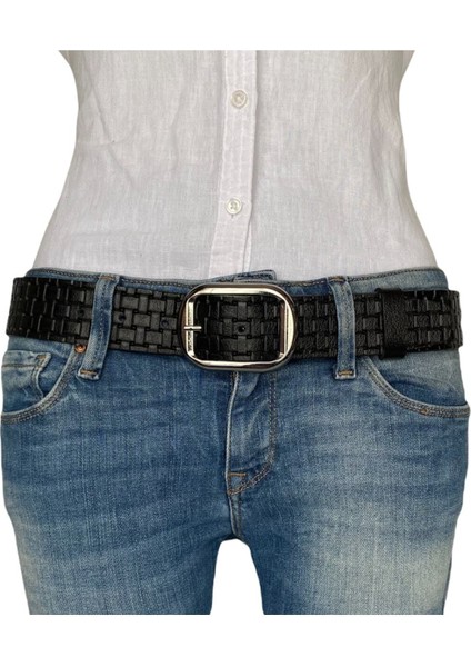 Deri, Gümüş Tokalı Siyah Desenli Kadın Kemeri 4 cm