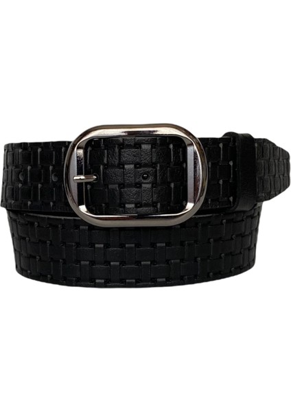 Deri, Gümüş Tokalı Siyah Desenli Kadın Kemeri 4 cm