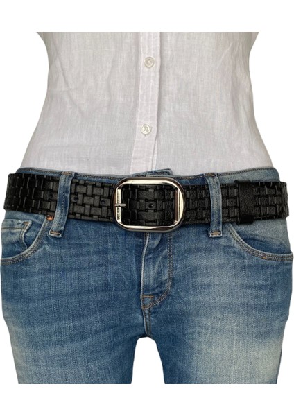 Deri, Gümüş Tokalı Siyah Desenli Kadın Kemeri 4 cm modelleri