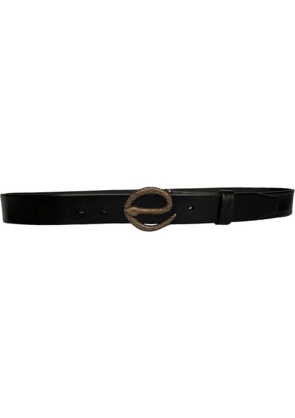 Deri, Antik Gold Yılan Tokalı Siyah Kadın Kemeri 4 cm