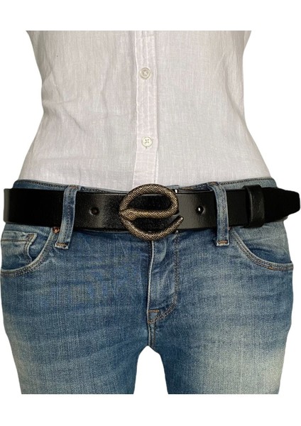 Deri, Antik Gold Yılan Tokalı Siyah Kadın Kemeri 4 cm