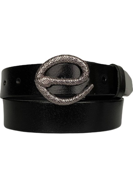 Deri, Nikel Yılan Tokalı Siyah Kadın Kemeri 4 cm