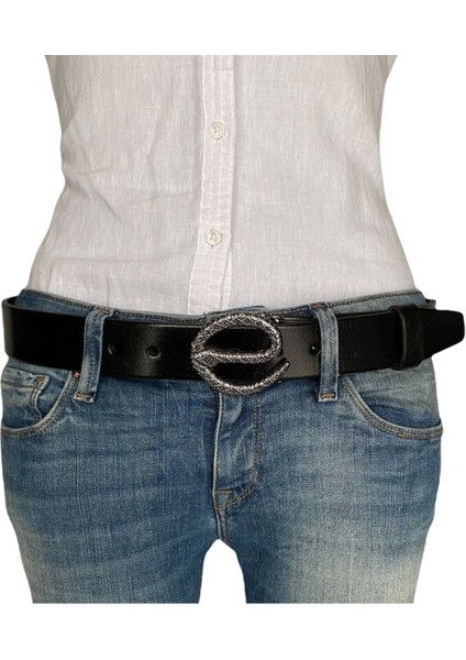 Deri, Nikel Yılan Tokalı Siyah Kadın Kemeri 4 cm