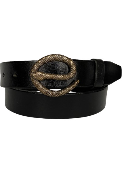 Deri, Antik Gold Yılan Tokalı Siyah Kadın Kemeri 4 cm