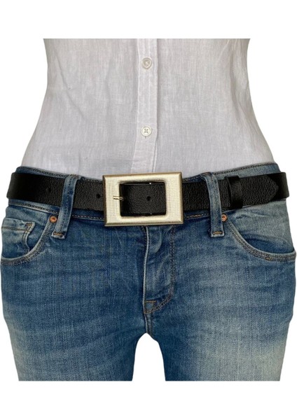 Deri Gold Tokalı Siyah Kadın Kemeri, 3cm