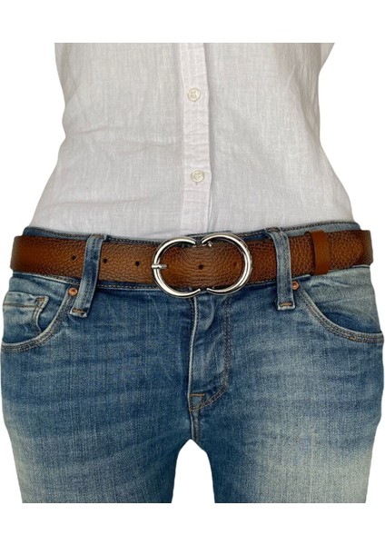 Deri Gümüş Cɔ Tokalı Taba Baskılı Kadın Kemeri, 3cm