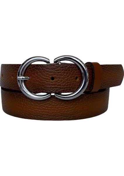 Deri Gümüş Cɔ Tokalı Taba Baskılı Kadın Kemeri, 3cm