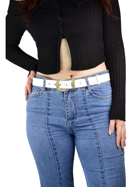 Deri Gold Tokalı Süt Beyaz Ince Kadın Kemeri, 3cm=3cm-Kdn-27