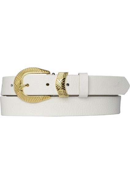 Deri Gold Tokalı Süt Beyaz Ince Kadın Kemeri, 3cm=3cm-Kdn-27