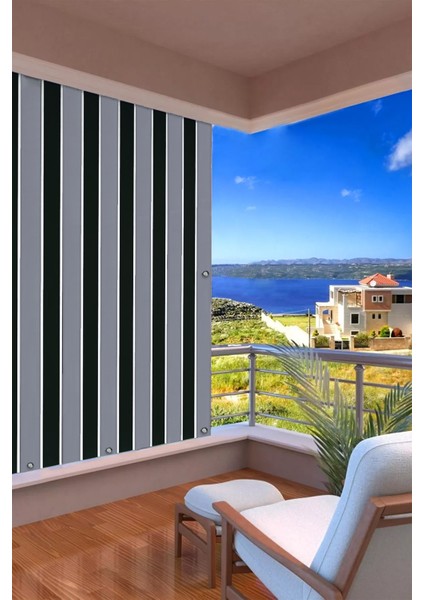 Kalın- Işık Su Geçirmez Düğmeli Kuş Gözlü Bağcıklı Balkon Perdesi Siyah-Gri Enxboy