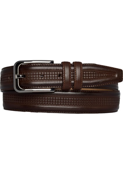 Deri, Koyu Kahverengi Dikişli Klasik, Kumaş Pantolon Kemeri 3.5 Cm_dikisli.orta.bas