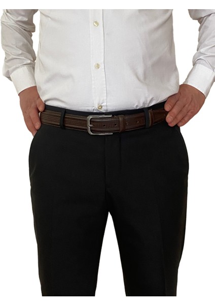 Deri, Koyu Kahverengi Dikişli Klasik, Kumaş Pantolon Kemeri 3.5 Cm_dikisli.orta.bas
