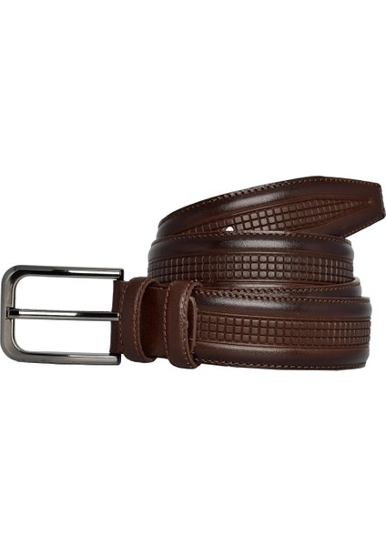 Deri, Koyu Kahverengi Dikişli Klasik, Kumaş Pantolon Kemeri 3.5 Cm_dikisli.orta.bas