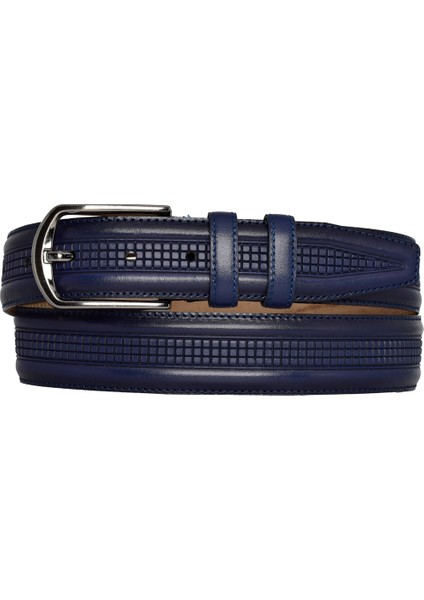Deri, Lacivert Dikişli Klasik, Kumaş Pantolon Kemeri 3.5 Cm_dikisli.orta.bas