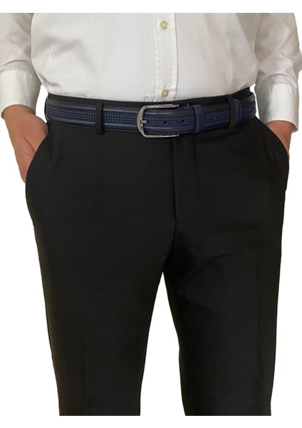 Deri, Lacivert Dikişli Klasik, Kumaş Pantolon Kemeri 3.5 Cm_dikisli.orta.bas
