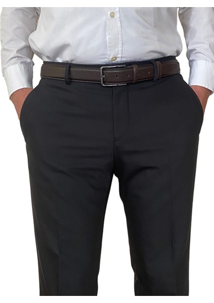 Deri, Koyu Kahverengi Dikişli Klasik, Kumaş Pantolon Kemeri 3.5 Cm_dikisli.noktalı