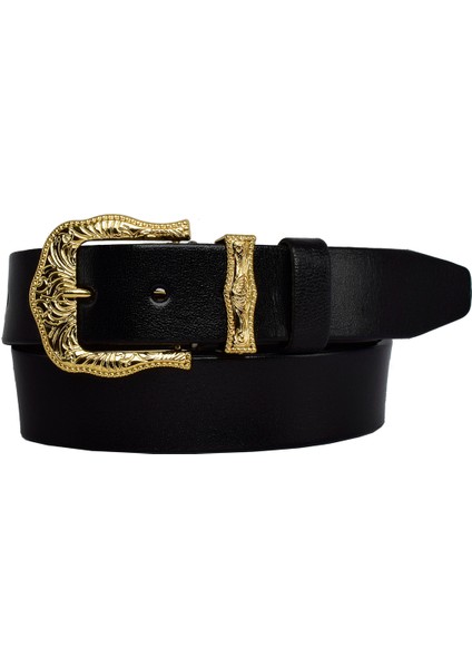 Deri, Gold Takım Tokalı 4 cm Siyah Kadın Kemeri; Kot, Spor Kemer
