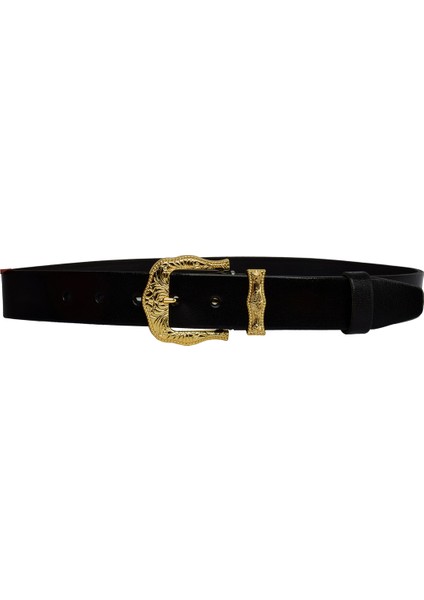 Deri, Gold Takım Tokalı 4 cm Siyah Kadın Kemeri; Kot, Spor Kemer