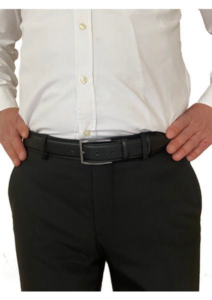 Deri, Siyah Dikişli Klasik, Kumaş Pantolon Kemeri 3.5 Cm_dikisli.noktalı