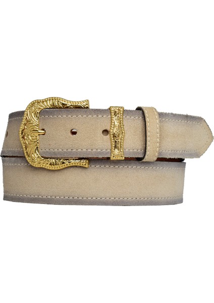 Deri, Gold Takım Tokalı 4 cm Süet Krem Kadın Kemeri; Kot, Spor Kemer