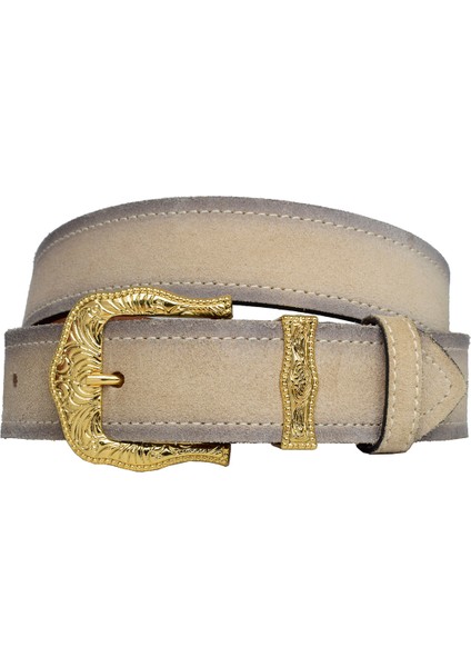 Deri, Gold Takım Tokalı 4 cm Süet Krem Kadın Kemeri; Kot, Spor Kemer