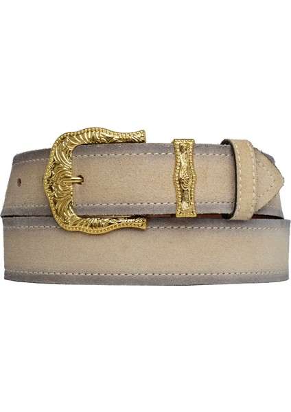 Deri, Gold Takım Tokalı 4 cm Süet Krem Kadın Kemeri; Kot, Spor Kemer