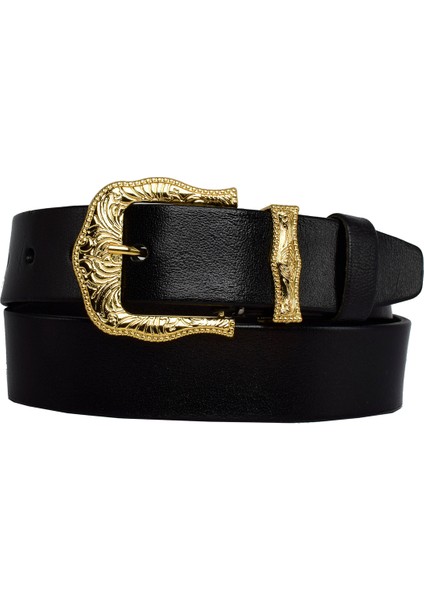 Deri, Gold Takım Tokalı 4 cm Siyah Kadın Kemeri; Kot, Spor Kemer