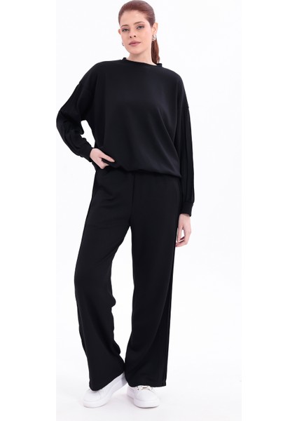 Yanları Nervürlü Katlamalı Uzun Kollu Yumuşak Akışkan Kumaş Viskon Günlük Alt Üst Takım