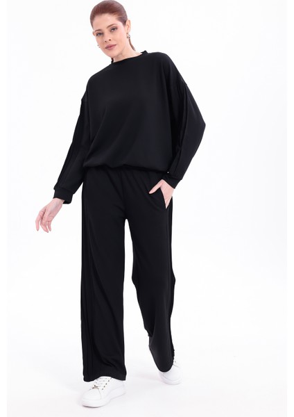 Yanları Nervürlü Katlamalı Uzun Kollu Yumuşak Akışkan Kumaş Viskon Günlük Alt Üst Takım