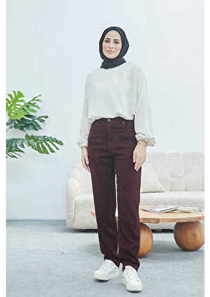 Bordo Yüksek Belli Dar Paça Pantolon Kadın Denim Kumaş Özellikli Şık Tasarım indirimleri