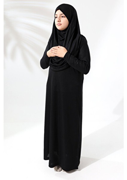 Tek Parça Pratik Başörtülü Çocuk Namaz Elbisesi Siyah