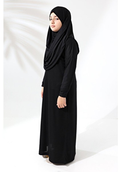 Tek Parça Pratik Başörtülü Çocuk Namaz Elbisesi Siyah