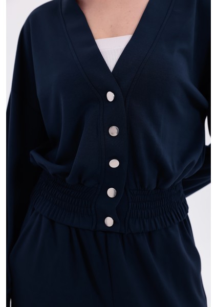 Beli Lastikli V Yaka Çıtçıtlı Ekstra Yumuşak Kumaş Lacivert Şık Gipeli Eşofman Takım fırsatları