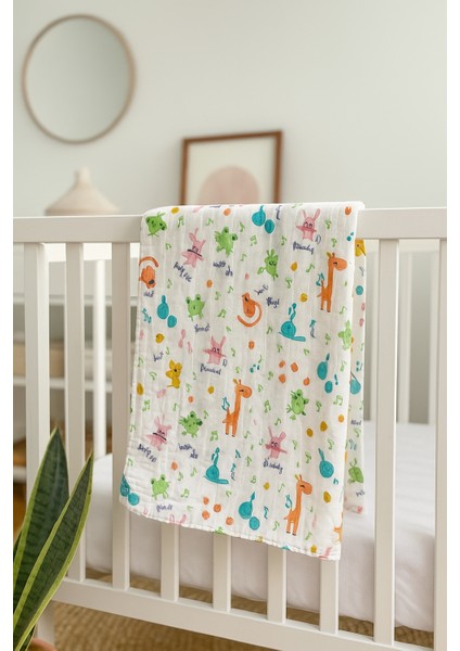 Hayvan Desenli 2 Kat %100 Pamuk Müslin Bebek Battaniye (140X120 Cm)