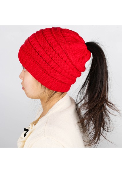 Düz Renk At Kuyruğu Şapka Sonbahar ve Kış Modelleri Yün Örme Şapka Etiketli Değil Sıcak Kulak Koruma Kravat At Kuyruğu Kazak Şapka (Yurt Dışından)