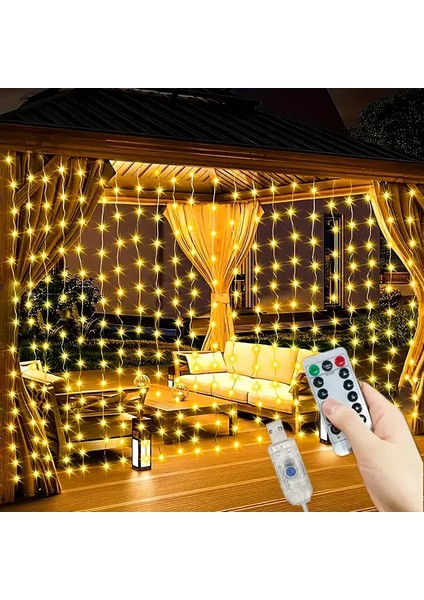 300 Ledli 10 Sarkıt Perde LED Işık-8 Fonksiyon, Uzaktan Kumandalı, 3x3 Metre (5131)